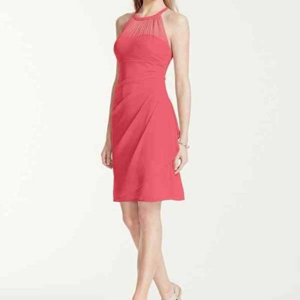 David Bridal Size 10 Bridesmaid Halter Neck Dress Knee Length Coral Color - Used